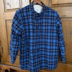 LL Bean Blue Plaid Sherpa Lined Button Up Shirt Shacket